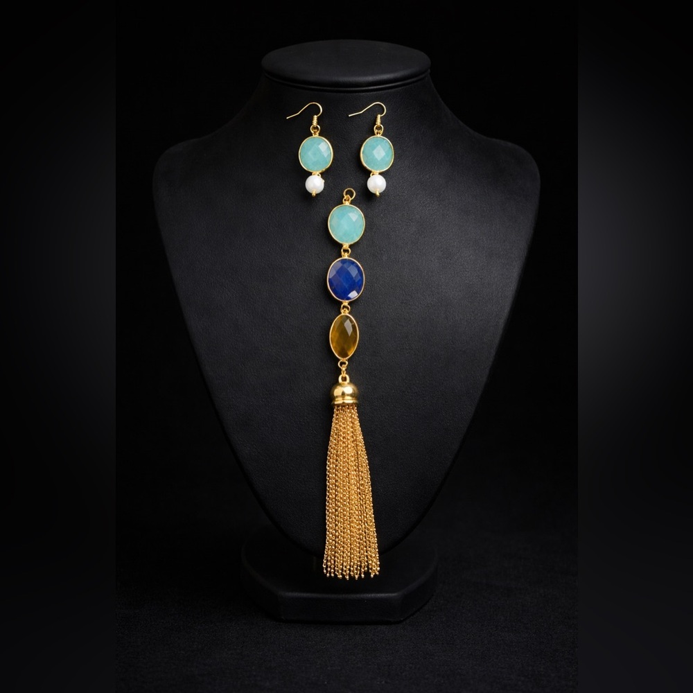 Tiger eye, Pearl, Lapis Lazuli, Green Aventurine tassel Necklace